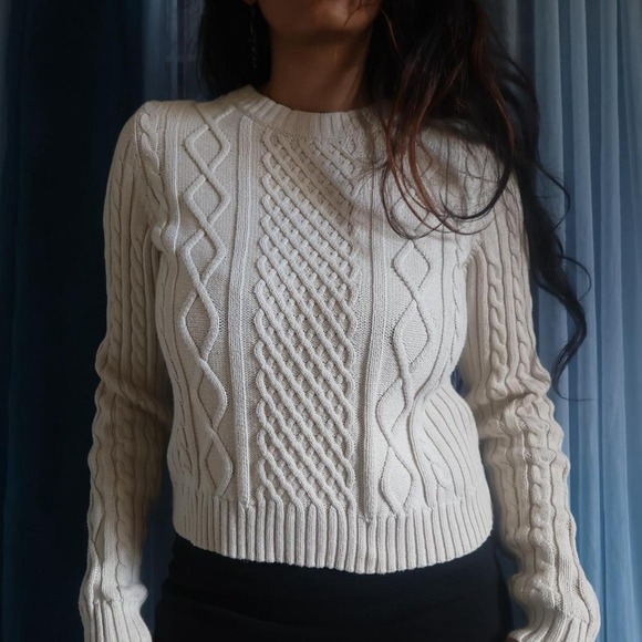 Sweaters - Cable-Knit Cream GAP Crewneck Sweater